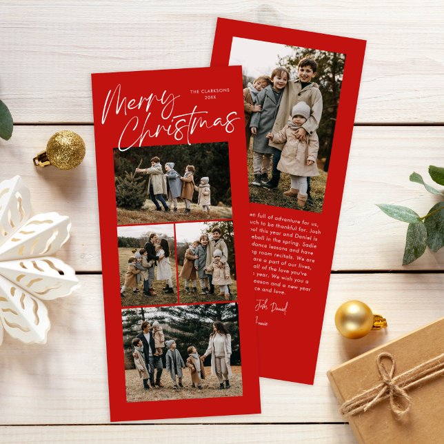 Red Merry Christmas Calligraphy Five Slim Photo Holiday Card (Creator Uploaded)