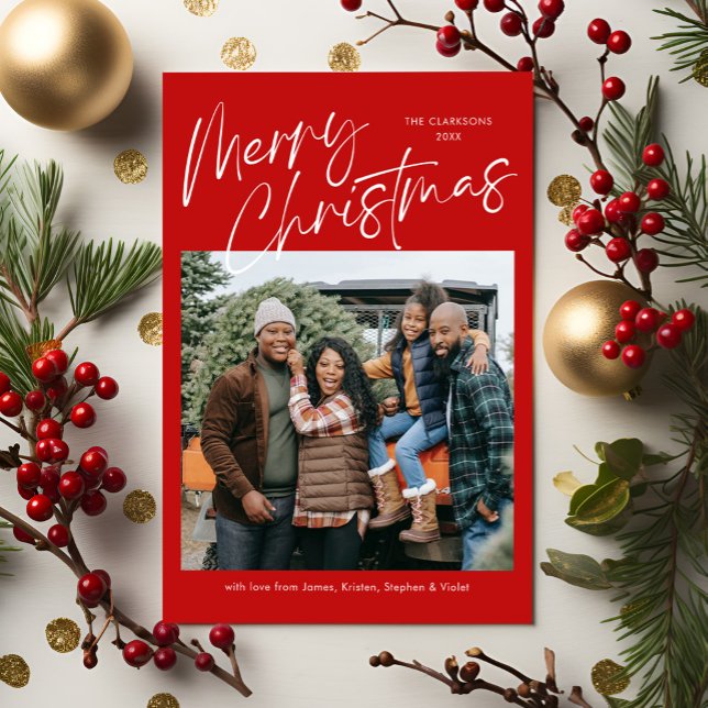 Red Merry Christmas Calligraphy Script 4 Photo Holiday Card (Creator Uploaded)