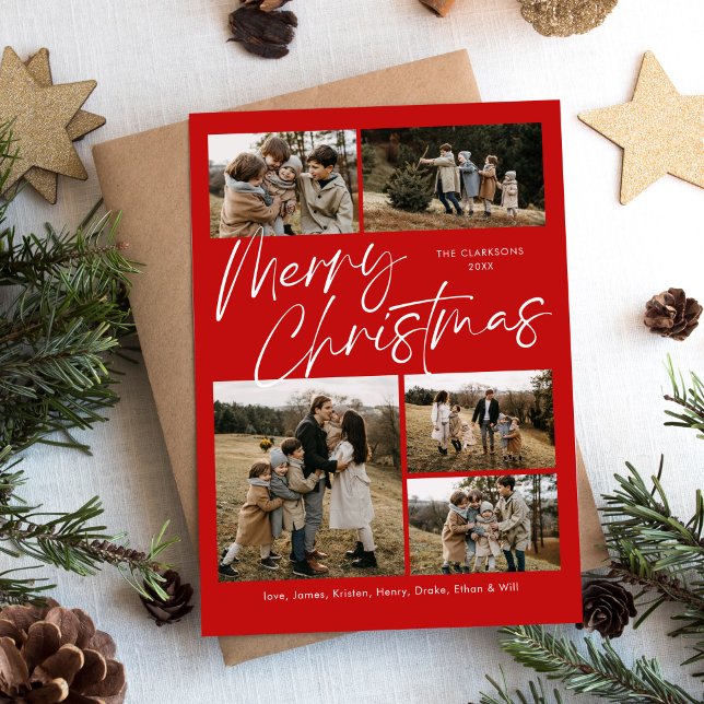 Red Merry Christmas Calligraphy Script 5 Photo Holiday Card (Creator Uploaded)