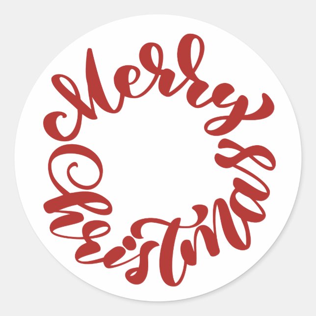 Red Merry Christmas Calligraphy Wreath Classic Round Sticker (Front)