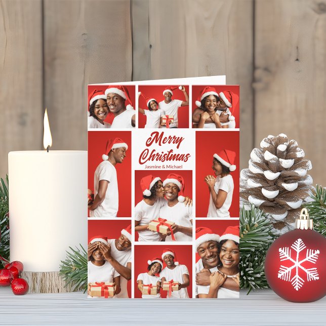 Red Merry Christmas Couple Photo Collage 2025 Holiday Card (Creator Uploaded)