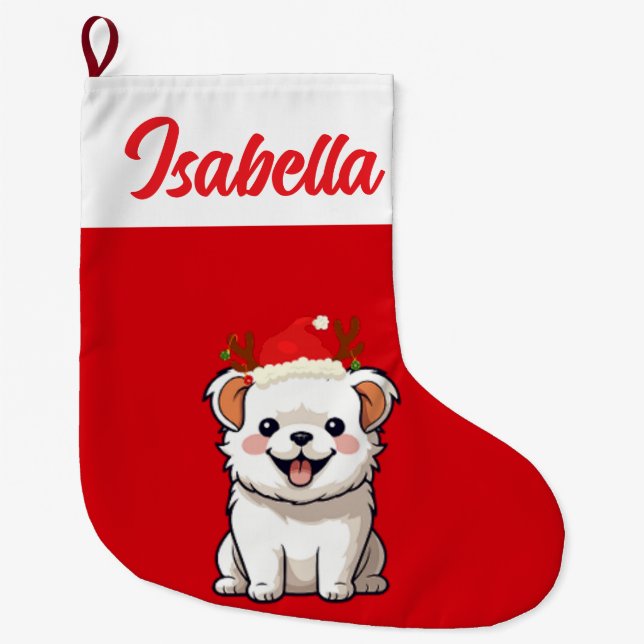 Red Merry Christmas Dog puppy pet Santa hat Xmas Large Christmas Stocking (Front)