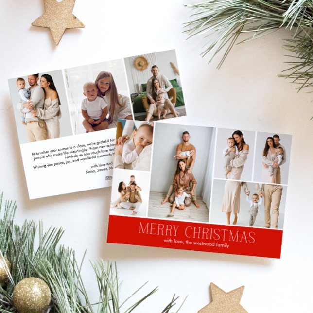 RED Merry Christmas Elegant 9 Collage Multi-Photo  Holiday Card (Creator Uploaded)