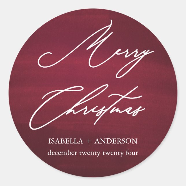 Red Merry Christmas Elegant Script Classic Round Sticker (Front)