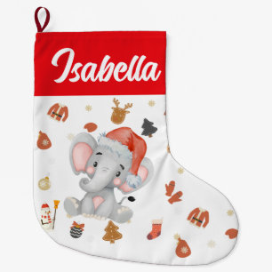 Red Merry Christmas Elephant Santa hat Holiday kid Large Christmas Stocking
