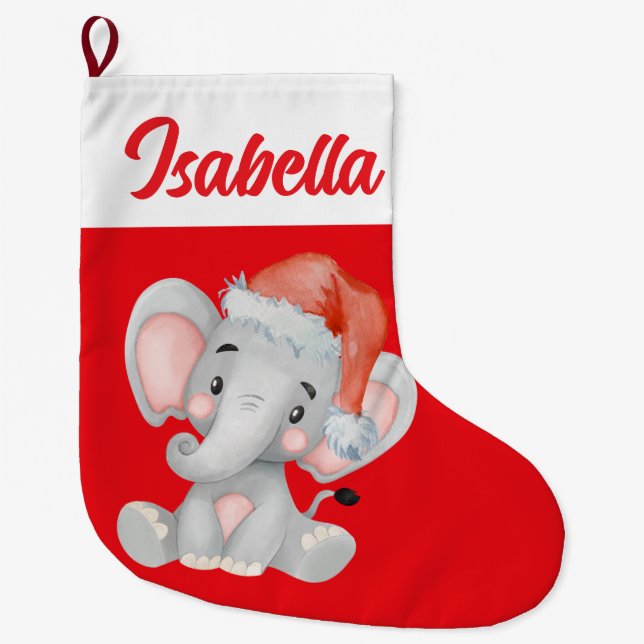 Red Merry Christmas elephant Santa hat Xmas Large Christmas Stocking (Front)