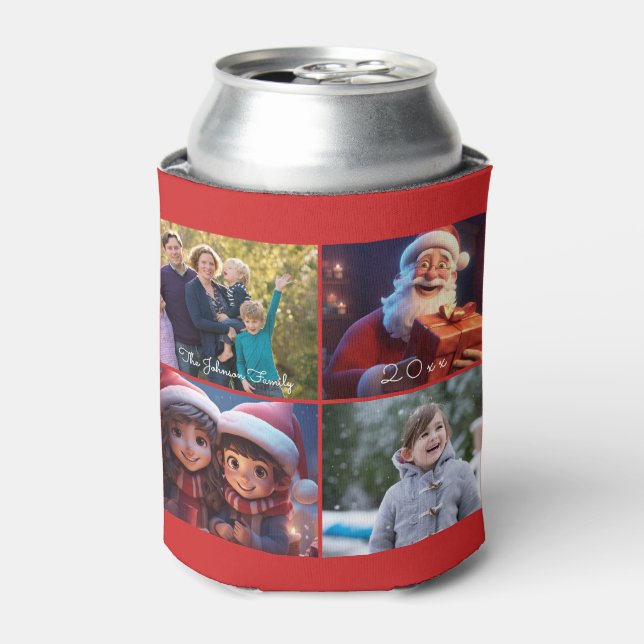 Red Merry Christmas Family Photo Can Cooler (Can Front)