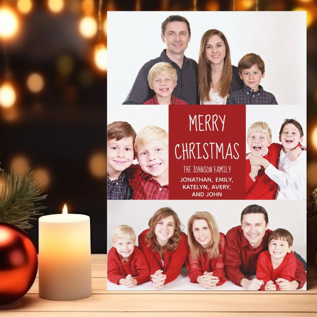 Red Merry Christmas Family Photo Collage Modern Holiday Card (Creator Uploaded)