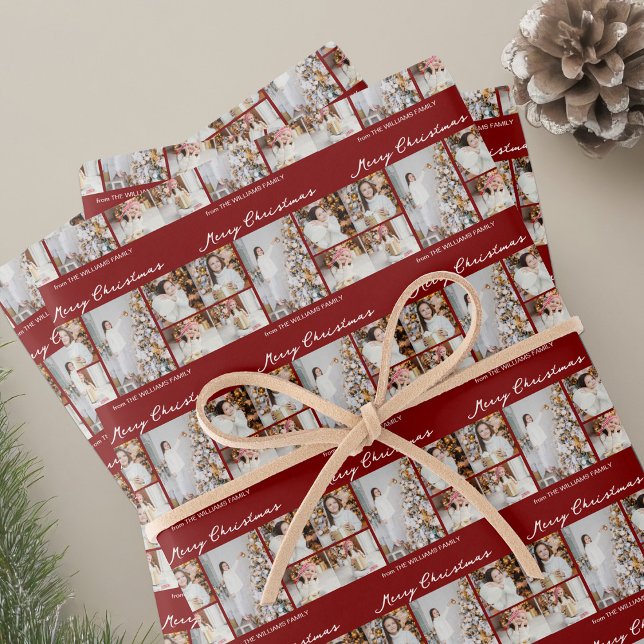 Red Merry Christmas Family Photo Collage Wrapping Paper Sheet (Creator Uploaded)