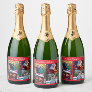 Red Merry Christmas Family Photo Sparkling Wine Label