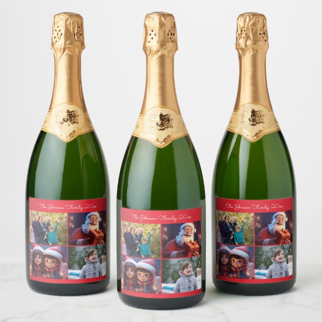 Red Merry Christmas Family Photo Sparkling Wine Label (Bottles)
