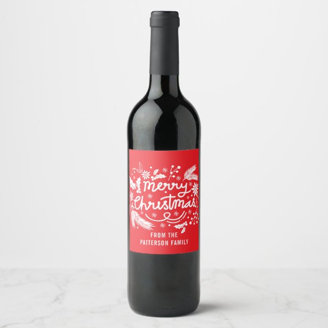 Red Merry Christmas Festive Holiday Floral Name Wine Label (Front)