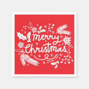 Red Merry Christmas Festive Holiday White Floral Napkin
