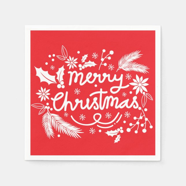 Red Merry Christmas Festive Holiday White Floral Napkin (Front)