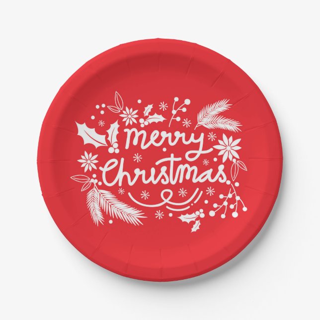 Red Merry Christmas Festive Holiday White Floral Paper Plate (Front)