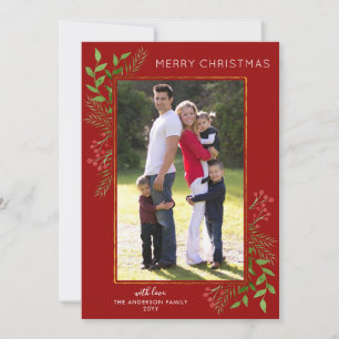 Red Merry Christmas Festive Leaves Berries Photo Holiday Card
