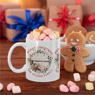 Red Merry Christmas, floral wreath holiday photo Coffee Mug