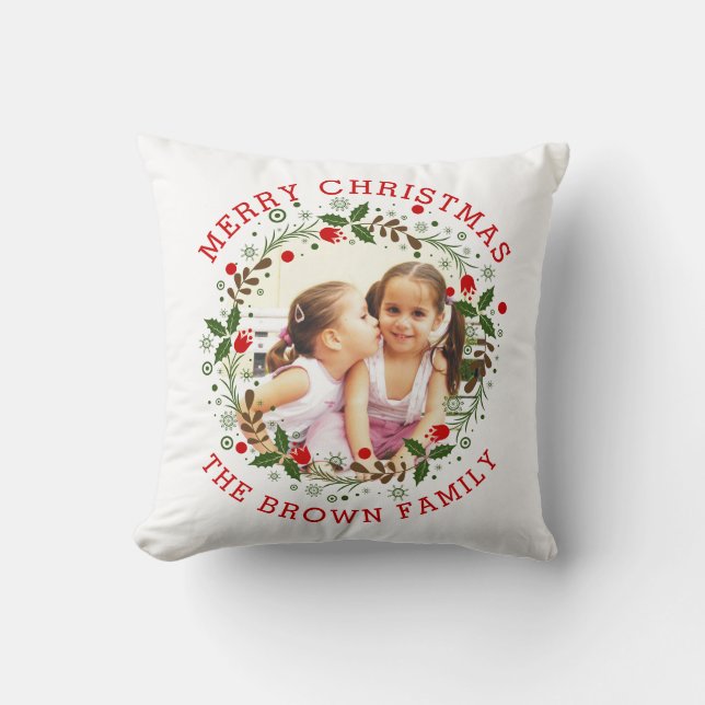 Red Merry Christmas, floral wreath holiday photo Cushion (Front)