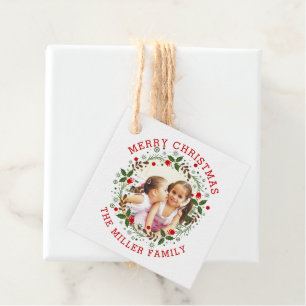Red Merry Christmas, floral wreath holiday photo Favour Tags