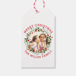 Red Merry Christmas, floral wreath holiday photo Gift Tags
