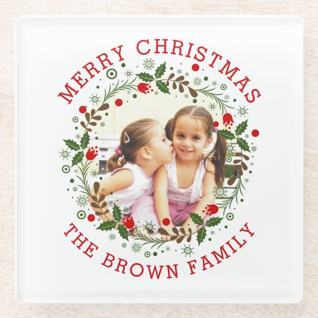 Red Merry Christmas, floral wreath holiday photo Glass Coaster (Front)