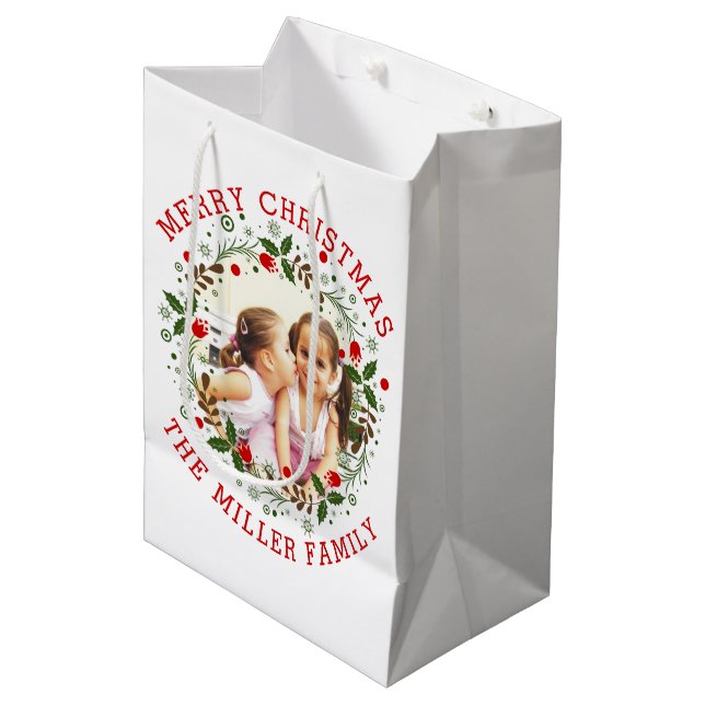 Red Merry Christmas, floral wreath holiday photo Medium Gift Bag (Front Angled)