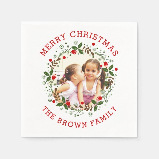 Red Merry Christmas, floral wreath holiday photo Napkin (Front)