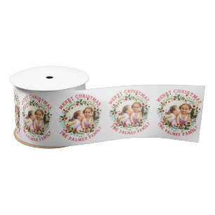 Red Merry Christmas, floral wreath holiday photo Satin Ribbon