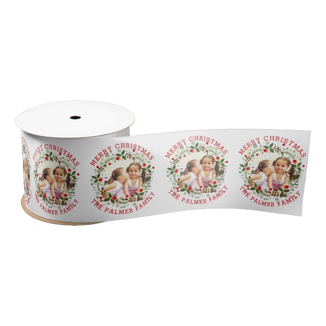 Red Merry Christmas, floral wreath holiday photo Satin Ribbon (Spool)