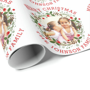 Red Merry Christmas, floral wreath holiday photo Wrapping Paper