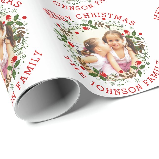 Red Merry Christmas, floral wreath holiday photo Wrapping Paper (Roll Corner)