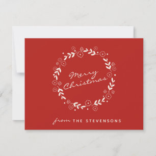 Red Merry Christmas Floral Wreath Simple Custom Holiday Card