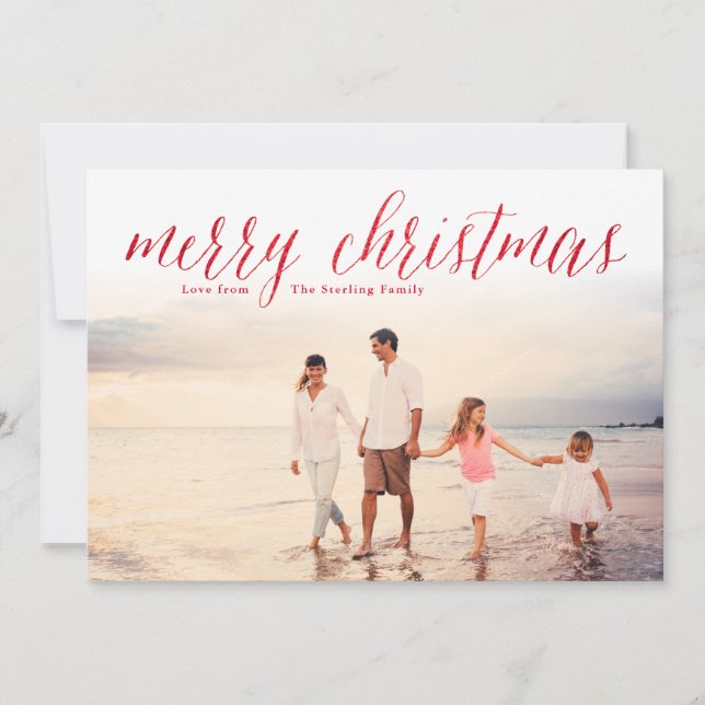 Red Merry Christmas Glitter Look Photo Holiday Card (Front)