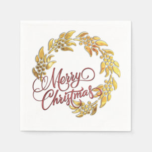 Red Merry Christmas Gold Wreath Napkin