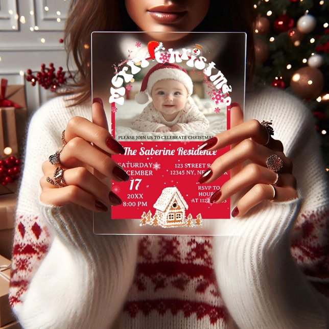 Red Merry Christmas Graffiti Party Photos  Acrylic Invitations (Creator Uploaded)