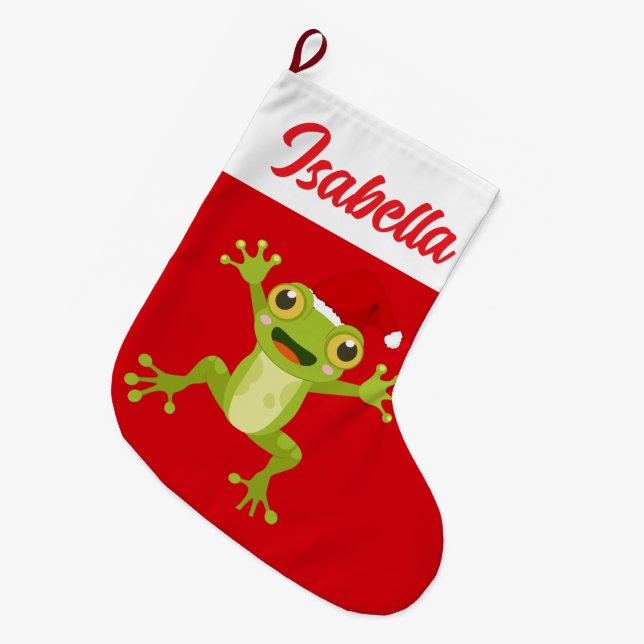 Red Merry Christmas Green frog Santa hat Xmas Large Christmas Stocking (Front (Hanging))