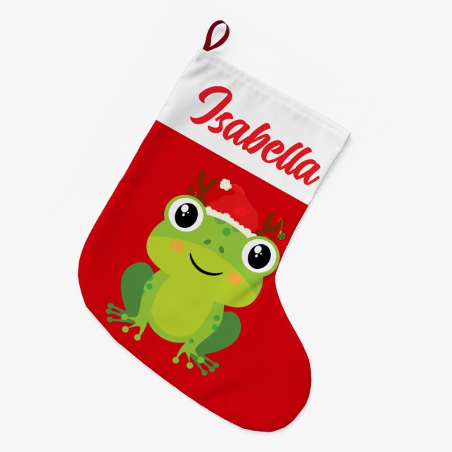 Red Merry Christmas Green frog Santa hat Xmas Large Christmas Stocking (Front (Hanging))