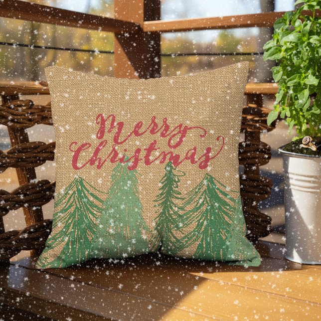 Red Merry Christmas Green Trees Faux Jute Burlap Cushion (Creator Uploaded)