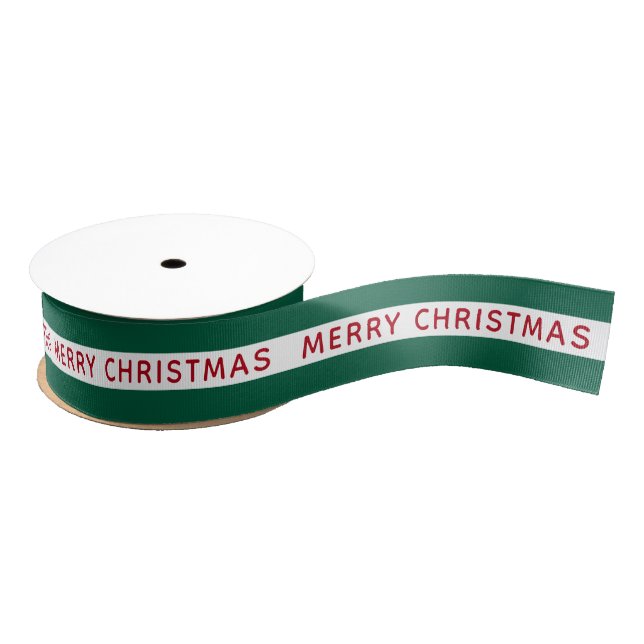 Red Merry Christmas Green White Striped Festive Grosgrain Ribbon (Spool)