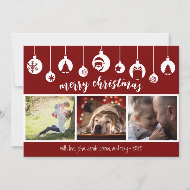 Red Merry Christmas Hanging Ornament Photo Holiday Card (Front)