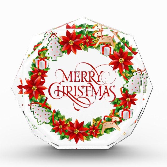 Red Merry Christmas Holiday Wreath Photo Block (Front)
