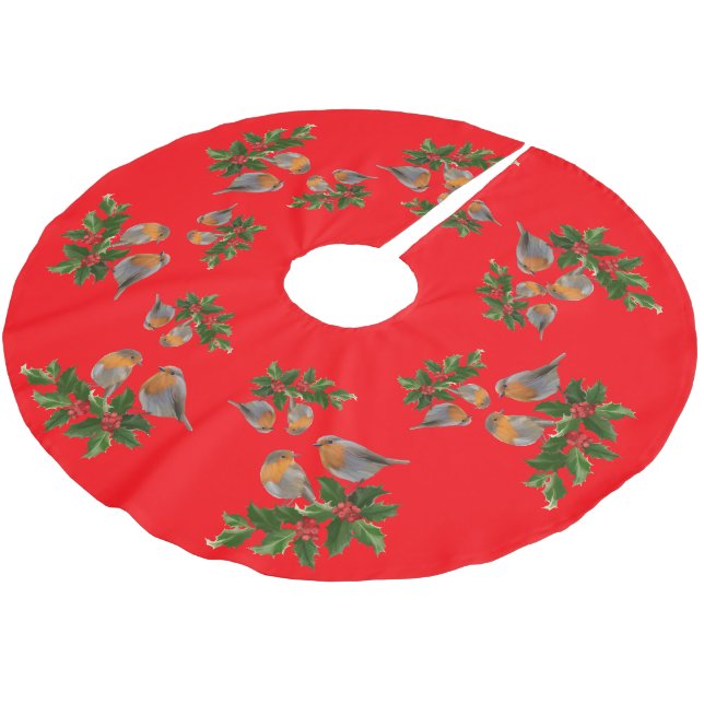 Red Merry Christmas Holly Berries Xmas Bird Brushed Polyester Tree Skirt (Angled)