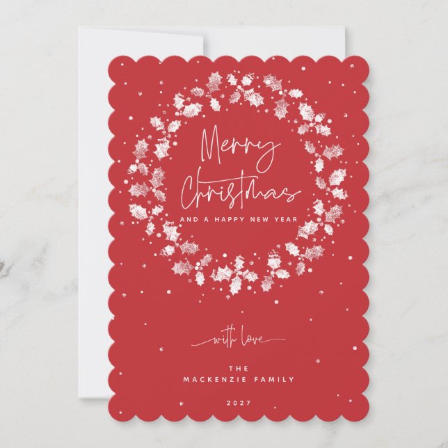 Red Merry Christmas Holly Wreath Holiday Card (Front)