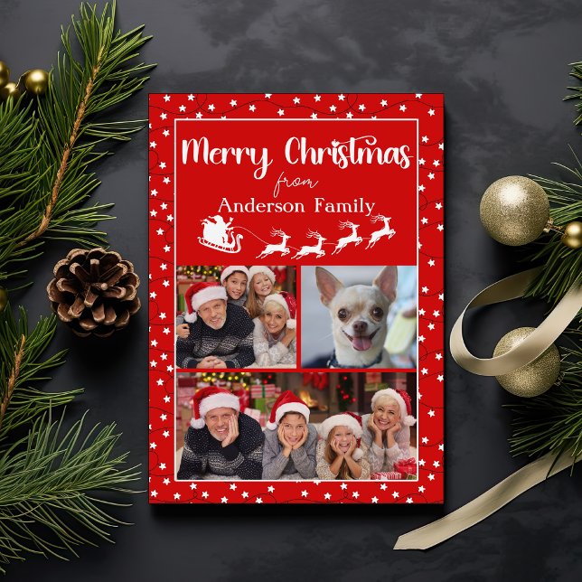 Red Merry Christmas Lights Three Photo Collage  Holiday Card (Creator Uploaded)