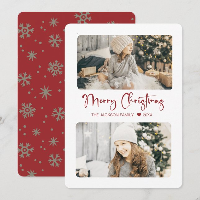 Red Merry Christmas Modern 2 Photo Holiday Card (Front/Back)
