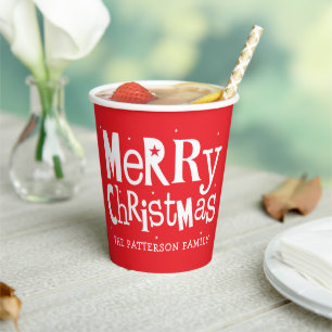 Red Merry Christmas Modern Personalised Name Paper Cups