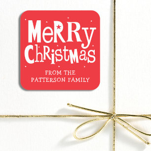Red Merry Christmas Modern Personalised Name Square Sticker