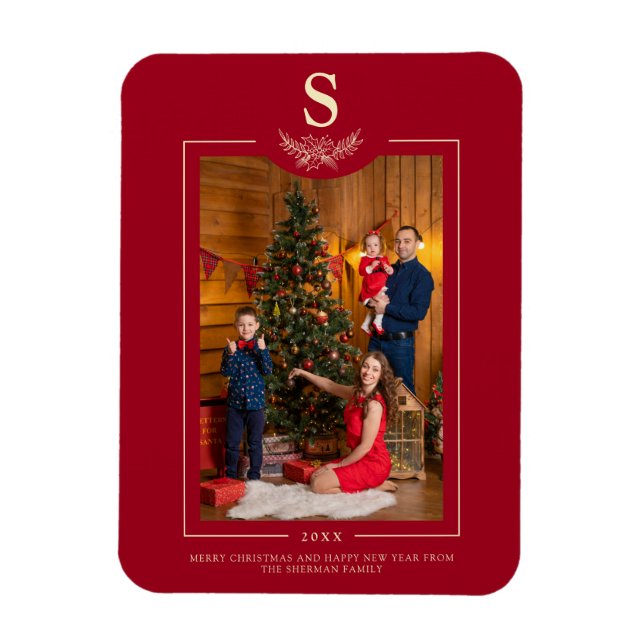 Red Merry Christmas Monogrammed Photo Family Magnet (Vertical)