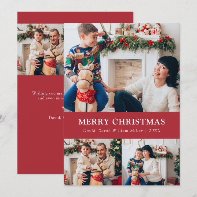 Red Merry Christmas Photo Collage Card (Front/Back)