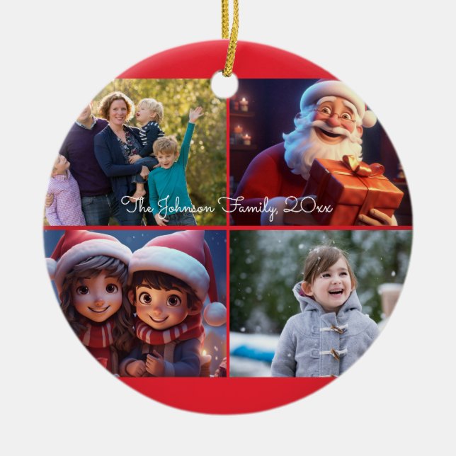 Red Merry Christmas Photo Family Ceramic Tree Decoration (Front)